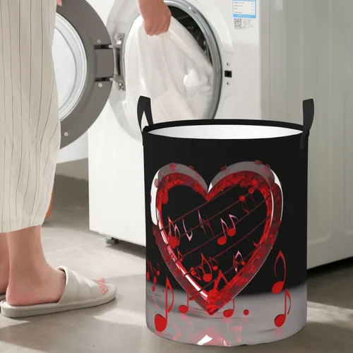 Miniatura 7 de Music Note Heart print Circular Hamper Waterproof Storage Bin Organizer Basket Laundry Hamper With Handles For Clothes Toys Small