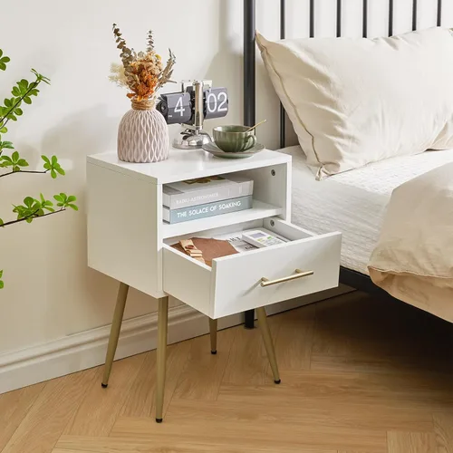 Miniatura 9 de IBUYKE Mesita de noche, mesita de noche moderna de mediados de siglo, mesita de noche con cajones y estante de almacenamiento abierto, mesa auxiliar
