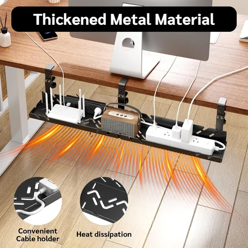 Miniatura 3 de Bandeja extendida de metal para organizar cables debajo del escritorio con toma de corriente, organizador de cables sin taladrar con abrazadera