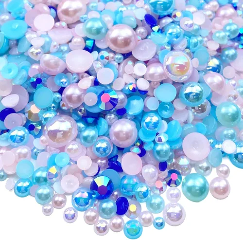 Diamantes de imitación de resina con parte trasera plana de 1.76 oz, perlas semicirculares, tamaños mixtos de 0.176 a 0.394 pulgadas, color AB,