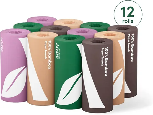 Miniatura 7 de Amazon Aware Toallas de papel de bambú, 12 rollos, 2 capas, certificado FSC, 150 hojas, 1800 unidades, paquete de 12, sin plástico, color blanco