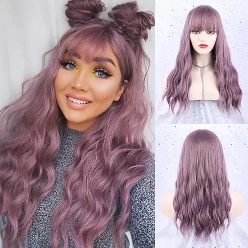 Miniatura 30 de NAYOO Pelucas marrones con flequillo para mujer, pelucas de cabello largo y ondulado, resistentes al calor, pelucas de fibra sintética para uso