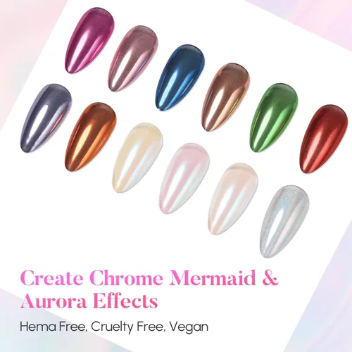 Miniatura 7 de AIMEILI Polvo de uñas de cromo perlado, vegano, libre de crueldad, 12 colores Aurora Metálico Holográfico efecto espejo pigmento para arte de uñas