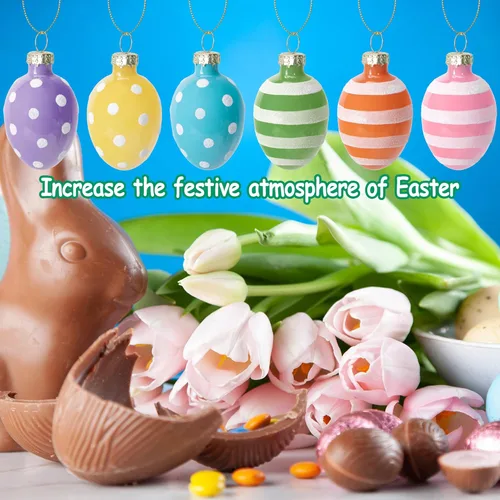 Miniatura 5 de 12 huevos colgantes de cristal para Pascua, huevos de Pascua de 1.8 pulgadas, adornos para colgar, rayas de puntos, decoración de Pascua, huevos