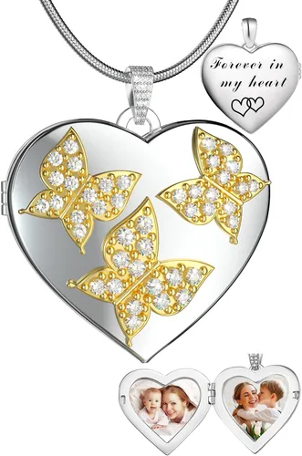 Fanery sue Butterfly Locket Necklace with Picture Inside, Forever in My Heart Locket That Holds 2 Photos Personalized Heart Lockets Pendant Jewelry