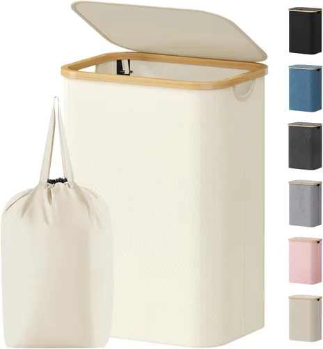 Miniatura 13 de Lifewit Cesta de ropa de 120L con tapa, cestas de ropa para lavandería con asas de bambú y una bolsa de lavandería extraíble, cesta plegable grande