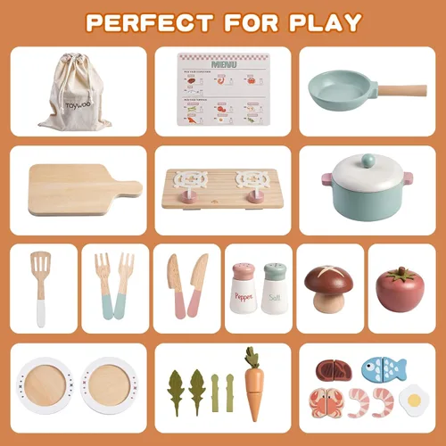 Miniatura 7 de Accesorios de cocina de juguete de madera, juegos de ollas y sartenes de simulación para juego de cocina de niños con estufa de juguete