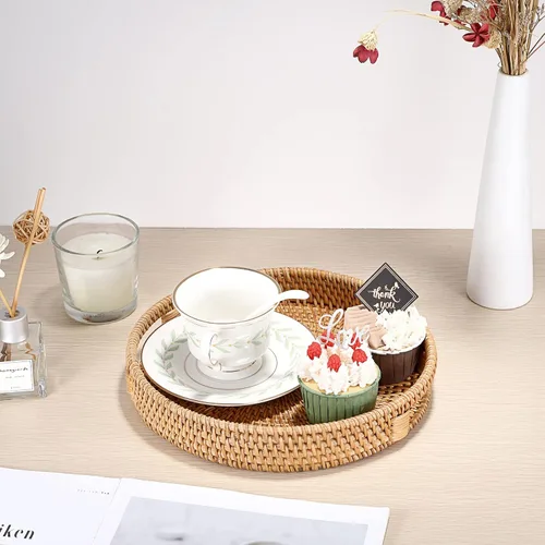 Miniatura 4 de Hipiwe Bandeja de servir redonda de ratán de 10 pulgadas con asas, bandeja organizadora decorativa tejida a mano para almacenamiento, desayuno