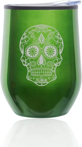 Miniatura 8 de Vaso de vino sin tallo, taza de viaje de café con tapa, calavera de caramelo de azúcar (oro rosa)