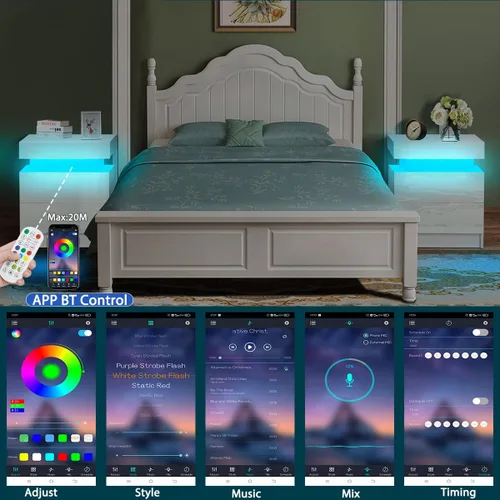 Miniatura 6 de HOMMPA Mesita de noche LED, mesita de noche blanca con luces LED, moderna mesita de noche con 2 cajones de alto brillo, mesita de noche inteligente