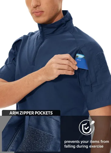 Miniatura 17 de MAGCOMSEN Camisas militares tácticas para hombre con cremallera de 1/4, manga corta, ajustada, camisa de camuflaje