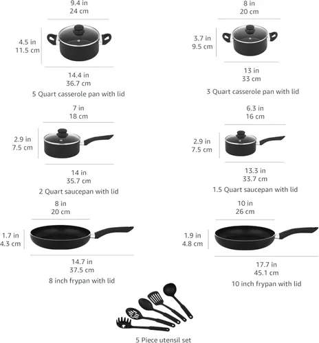 Miniatura 4 de Amazon Basics Juego de utensilios de cocina antiadherentes de 15 piezas, no inducción, incluye ollas, sartenes y utensilios, color negro