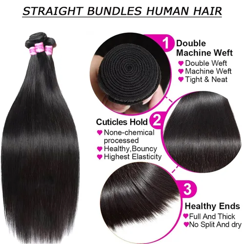 Miniatura 3 de 3 manojos de cabello humano lacio 100% sin procesar virgen brasileño paquetes de 10, 12, 14 pulgadas, mechones de cabello humano corto sin procesar