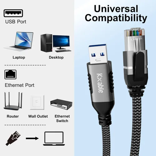 Miniatura 7 de Cable plano USB a Ethernet de 4 pies, cable delgado USB 3.0 A a RJ45, conectado directamente, aluminio, trenzado, OFC, cable de red LAN USB a RJ45