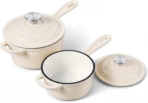 Miniatura 25 de Onader Sartén de hierro fundido esmaltado, cacerola pequeña de 1 cuarto de galón con tapa, olla de hierro fundido, horno holandés esmaltado, Blanco
