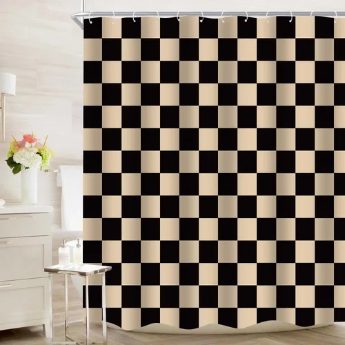 Miniatura 19 de Cortina de ducha a cuadros en blanco y negro, bonita cortina de ducha retro de tablero de ajedrez para decoración de baño, 72 x 72 pulgadas, cortina