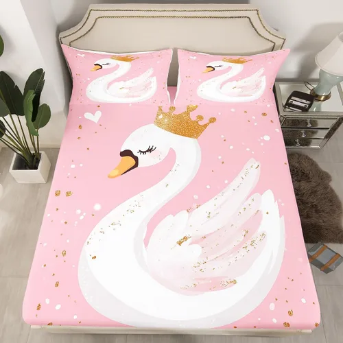 Erosebridal Juego de sábanas de dibujos animados Sweet Princess Swan, sábana bajera ajustable tamaño individual para niños y adolescentes, sábana de
