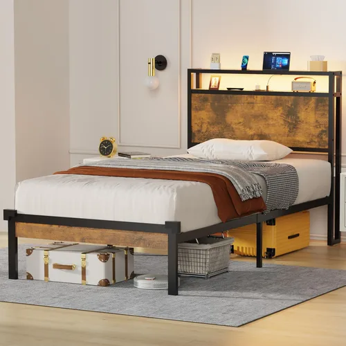 Miniatura 7 de Flolinda Base de cama individual con cabecero, plataforma de metal tamaño individual con luces LED y estación de carga, marco de cama individual
