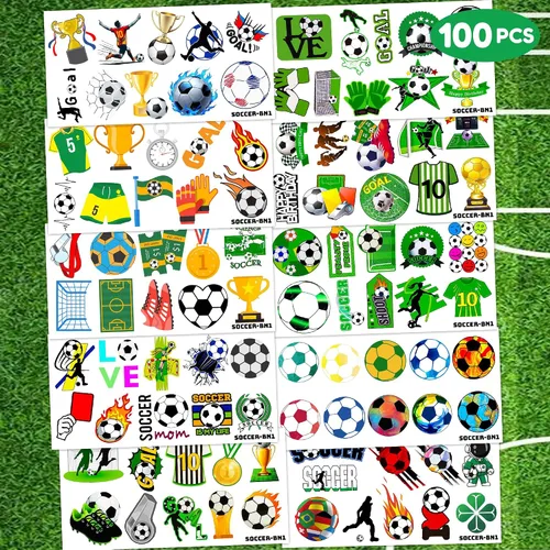 Miniatura 2 de 96 tatuajes temporales de fútbol para niños, calcomanías de fiesta deportiva con pelotas de fútbol y jugadores, divertidos recuerdos de fiesta