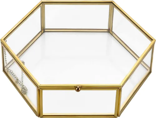 Hipiwe Caja de cristal dorada, joyero hexagonal grande, organizador de joyas vintage, caja de tarjetas de boda, caja de regalo de recuerdo, caja