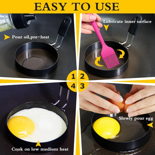Miniatura 5 de Juego de 2 anillos de huevo de 3.5 pulgadas con mango de silicona, anillos de cocina de huevos de acero inoxidable, antiadherentes, para freír