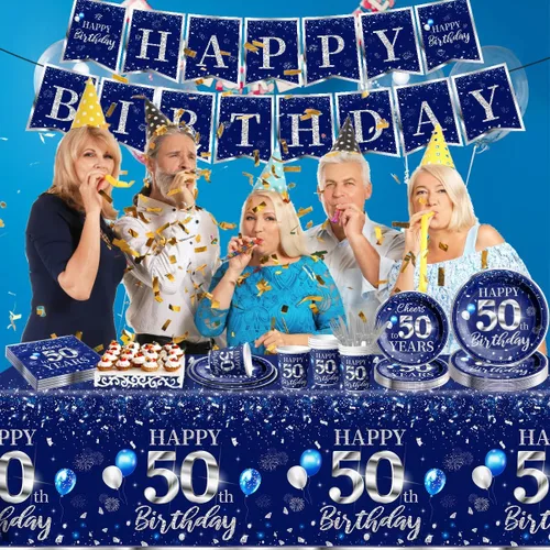 Miniatura 5 de Juego de vajilla de 142 piezas para decoración de cumpleaños número 50, color plateado y azul, suministros de fiesta de cumpleaños número 50