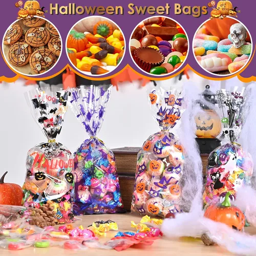 Miniatura 3 de AhfuLife 200 bolsas de celofán de Halloween, 8 diseños de bolsas de dulces transparentes de Halloween con lazos giratorios para golosinas o tratos