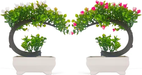 Bonsái artificial en maceta, árbol de flores falsas para el hogar, sala de estar, oficina, decoración de escritorio (juego de 2) (color 1)