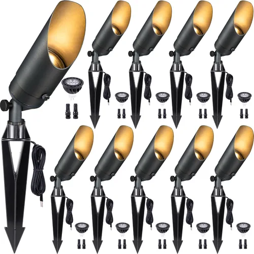 Miniatura 31 de Gardenreet Focos de paisaje de latón de bajo voltaje, luz LED para exteriores de 12 V, luces con cable IP65 impermeables, bronce antiguo
