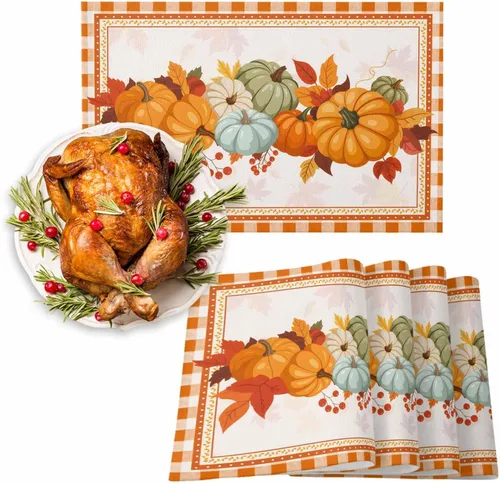 Miniatura 15 de Juego de 4 manteles individuales de otoño con diseño de calabaza azul, hojas florales, manteles individuales de otoño, lavables, cosecha, Acción
