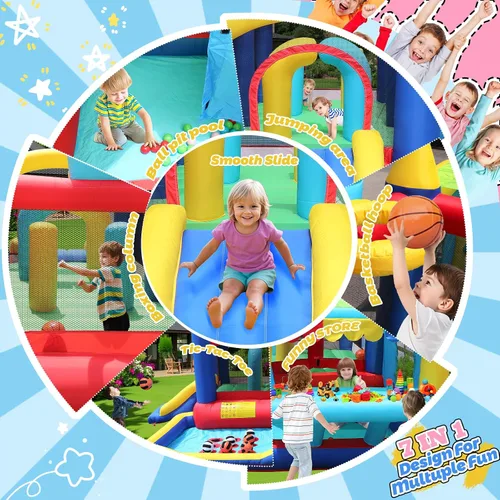 Miniatura 3 de Casa inflable de la despedida con el pozo de bolas y la tienda, castillo animoso 7 en 1 W/soplador Gran casa de salto con baloncesto, boxeo