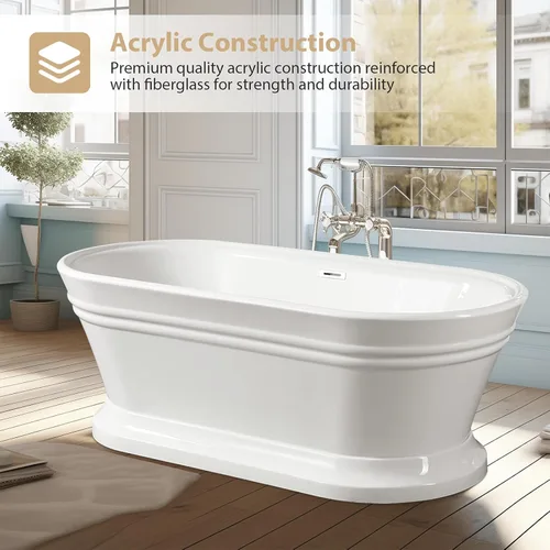 Miniatura 2 de Vanity Art Bañera de acrílico blanca independiente de 59 x 30 pulgadas, moderna bañera de remojo sola con desbordamiento ranurado certificado por