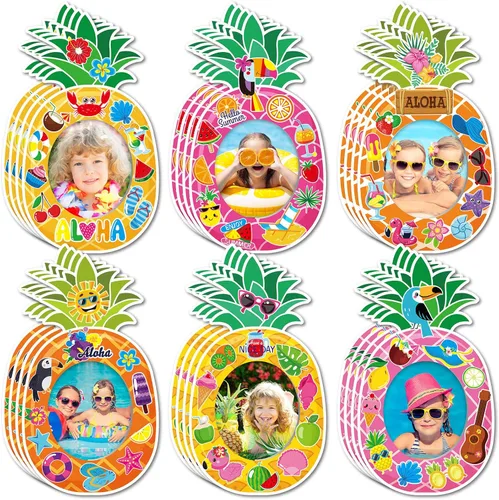 Kigley Paquete de 24 marcos de fotos hawaianos para manualidades a granel de piña, verano, Luau, marcos de fotos DIY con calcomanías, kit de