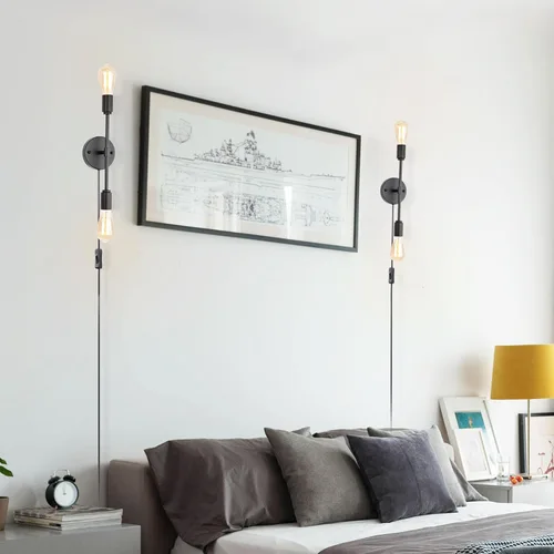Miniatura 4 de Lámparas de tocador de baño negras de 2 luces, modernas lámparas de pared industriales con cable de interruptor de encendido/apagado, juego de dos
