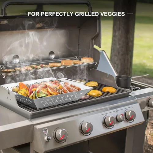 Miniatura 5 de Skyflame Cestas de parrilla de acero inoxidable para parrilla al aire libre, carne gruesa, filete, camarón, picar, verduras con asa, accesorios
