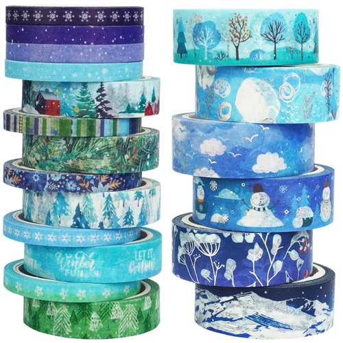 Juego de 19 rollos de cinta washi de invierno, adornos de nieve delgados, color azul y plateado, cintas adhesivas decorativas para artes, Nieve de