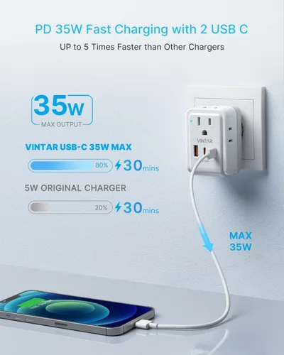 Miniatura 2 de Kit de Adaptador de Viaje Universal, VINTAR PD Adaptador de Corriente Internacional de 35W con 3 Puertos USB (2 USB C) y 4 Salidas de CA, Conectores
