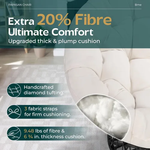 Miniatura 3 de Bme Silla Papasan ergonómica de mimbre de 40 pulgadas con cojín y marco suaves y gruesos, giro de 360°, círculo, lectura, silla cómoda para sala