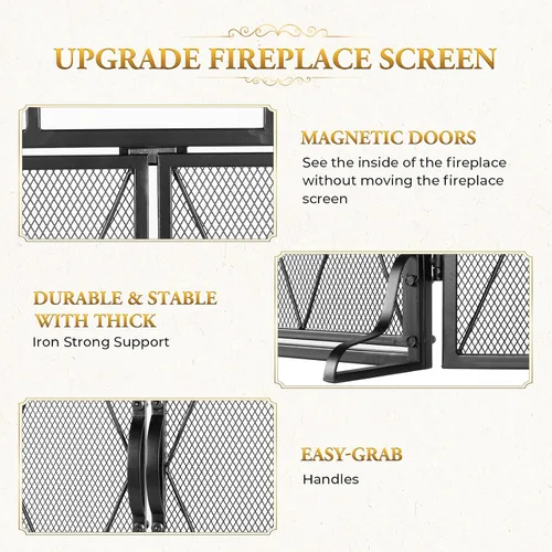 Miniatura 7 de Pantalla de Chimenea de Doble Puerta 5 en 1 49.6''x 30.7'' Grande 3 Paneles Plegable de Hierro Forjado Independiente Pantalla de Chimenea Rústica