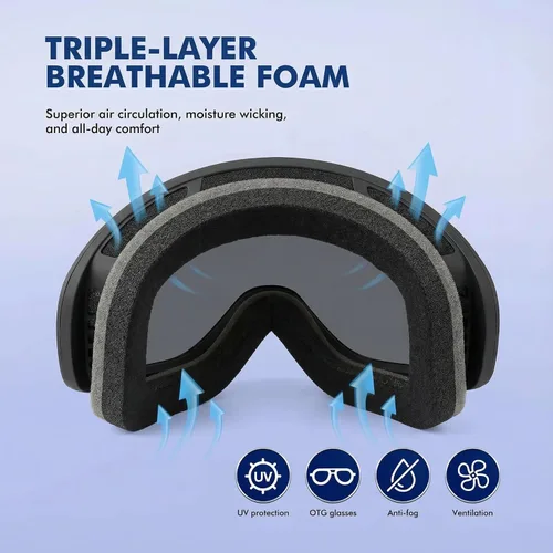 Miniatura 4 de Gafas de esquí cilíndricas, gafas de snowboard OTG para hombres y mujeres, antivaho y 100% protección UV400, gafas de nieve para esquí y snowboard