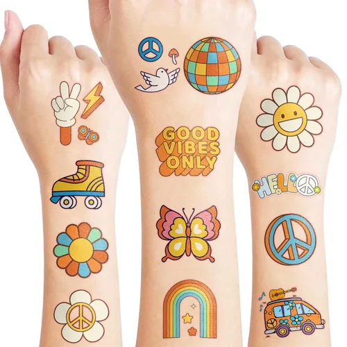 96 tatuajes temporales precortados de los años 70 – Poder floral retro, decoraciones de fiesta y recuerdos de Good Vibes | Bonitas calcomanías de