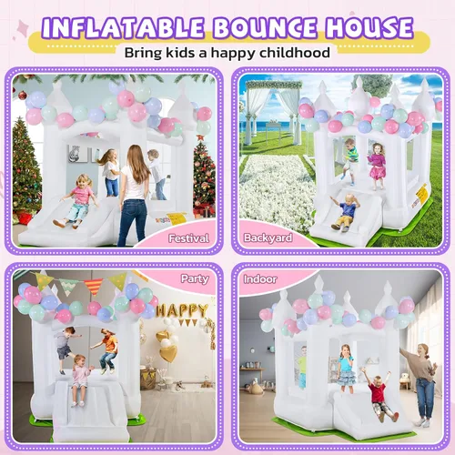 Miniatura 5 de Casa de rebote inflable blanca para niños, castillo hinchable para niños de 3 a 10 años, casa de rebote para niños pequeños con alfombrilla