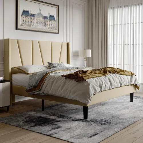 Miniatura 3 de HOOMIC Base de cama tapizada de tamaño matrimonial con cabecera geométrica moderna con respaldo de ala, listones de madera, no necesita somier, base