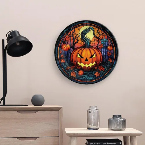 Miniatura 5 de Platos decorativos de Halloween, calabaza en el bosque, 31 de octubre por la noche, vitral, plato de cena de cerámica con soporte de exhibición