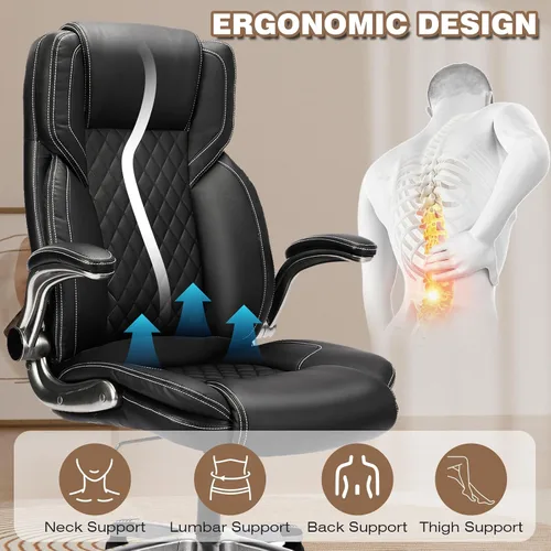 Miniatura 3 de Silla de oficina ejecutiva con brazos abatibles, sillas de oficina ergonómicas grandes y altas con respaldo alto, soporte lumbar oscilante de 90 a