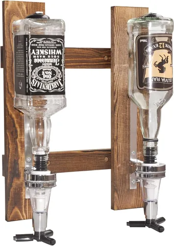 Dispensador de licor montado en la pared de 2 botellas, estante de pared de madera para bar en casa, dispensador de bebidas de vidrio para fiestas