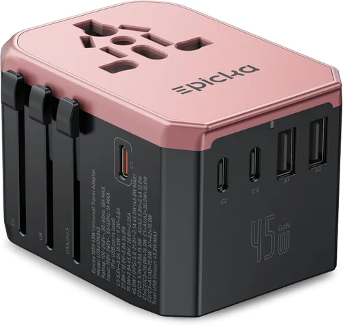 Miniatura 10 de EPICKA Adaptador de viaje universal GaN 45W, adaptador de enchufe de viaje europeo con carga rápida PD&QC (2 puertos USB-A y 3 puertos USB-C)