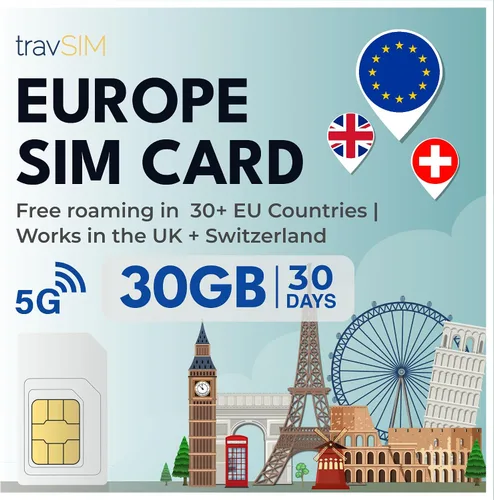 Miniatura 7 de travSIM Tarjeta SIM de Europa Datos de 6 GB con velocidades 4G/5G Llamadas ilimitadas Uso en el Reino Unido, Suiza y más de 30 países de la UE
