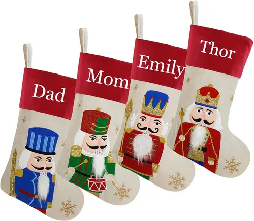 Miniatura 10 de Juego de 3, medias de Navidad personalizadas de 18 pulgadas con tecnología de bordado, diseños de Papá Noel, muñeco de nieve y renos para decoración