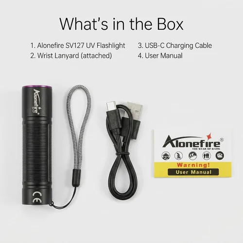 Miniatura 7 de ALONEFIRE SV127 Mini 395nm Linterna UV USB C recargable Blacklight Woods Lámpara Detector de Dinero Luz Negra para Detetector de Orina de Mascotas